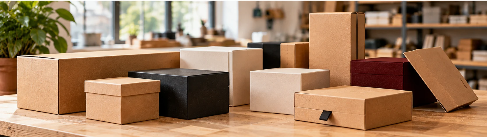 Muestras de cajas y acabados de packaging de un taller de cartonaje en Madrid