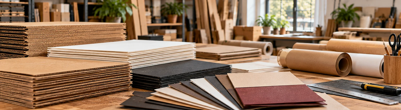 Materiales de papel y cartón en un taller de cartonaje en Madrid